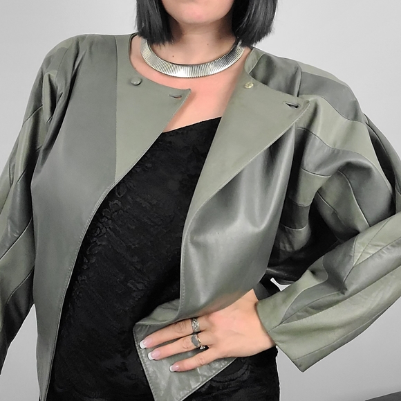 Vintage Jackets & Blazers - Vintage George Kiss Grey Leather Patchwork Dolman Jacket Size M/L
